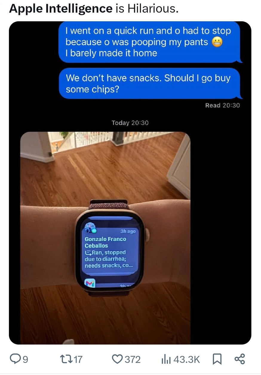 Apple Intelligence really said: diarrhea and Doritos - meme