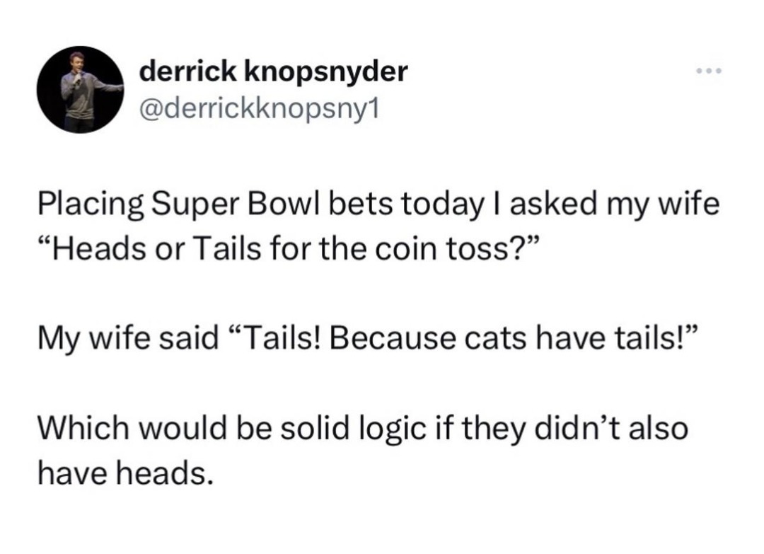 Wife picked tails for coin toss because cats... have tails - meme