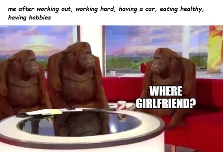 Working out, eating clean, reading books... WHERE GIRLFRIEND - meme