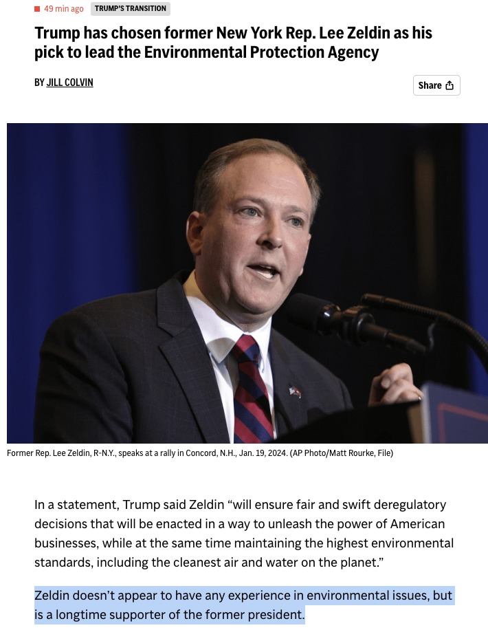 Trump administration news: Lee Zeldin to lead the EPA - meme