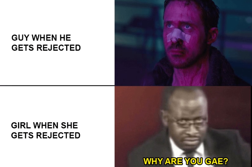 Dude gets rejected: moves on. Girl gets rejected: WHY ARE YOU GeY? - meme