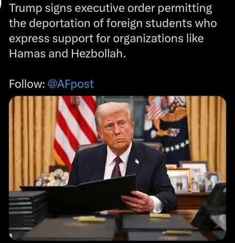 Trump executive order for deportation of foreign students who support Hamas or Hezbollah - meme
