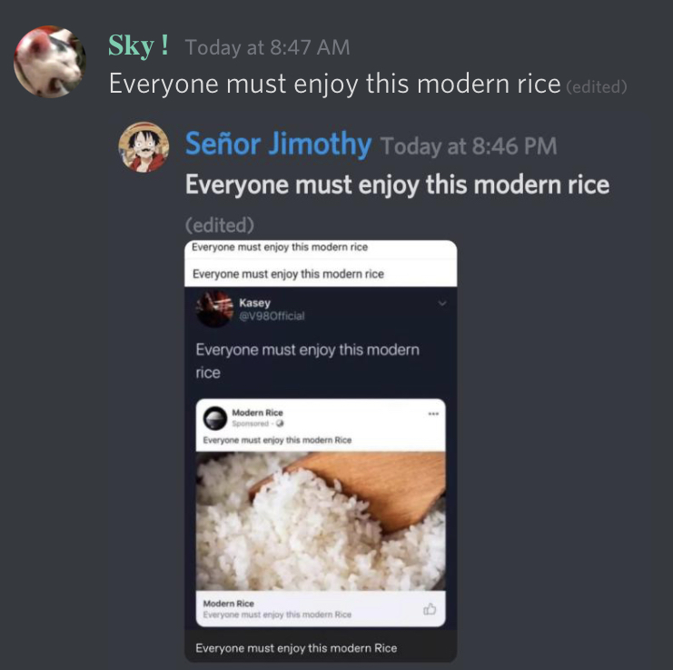 Everyone must enjoy this modern rice - meme