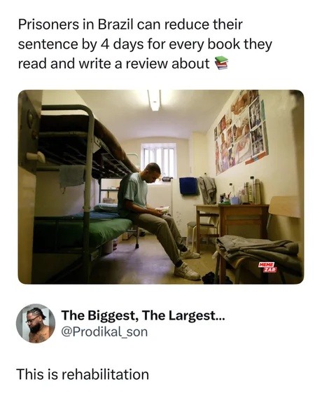 Brazilian inmates reading books to shave off jail time. Now that’s plot twist energy - meme