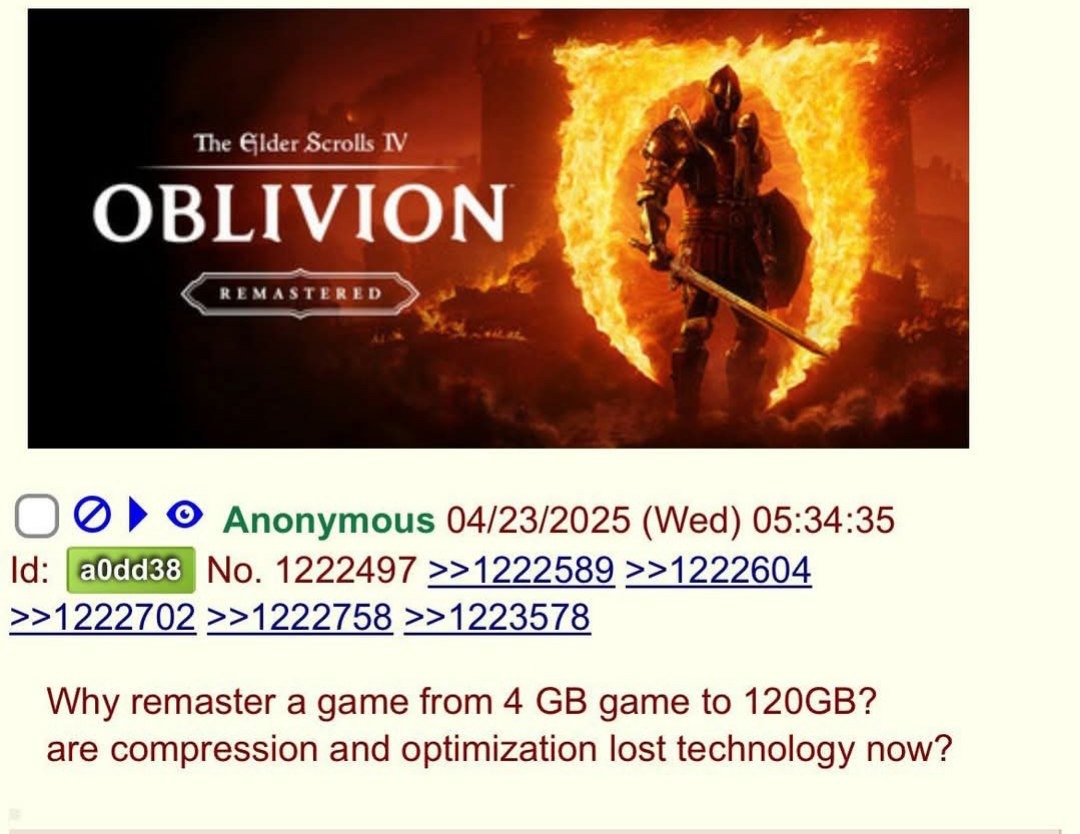 how did Oblivion go from 4GB to 120GB? are devs allergic to compression? - meme
