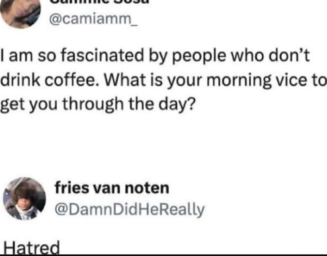 ﻿3 8 @camiamm Iam so fascinated by people who don’t drink coffee: What is your morning vice to get you through the day? fries van noten @DamnDidHeReally Hatred
