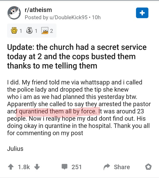 Never forget that Redditors ratted out Churches to the police during covid and bragged about the effects on Reddit. - meme
