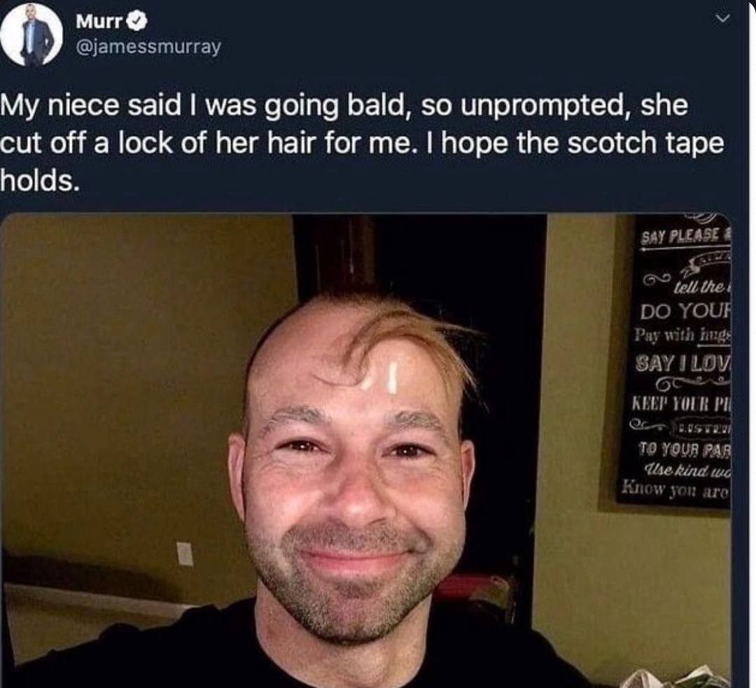 My niece gave me her hair to fix my bald spot and I’m crying - meme