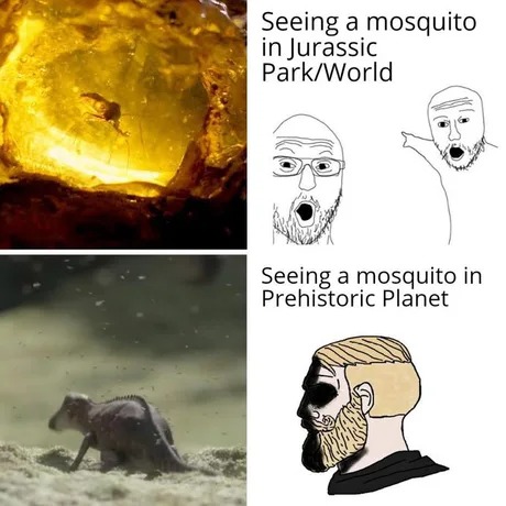 mosquito in Jurassic world vs in prehistoric planet meme