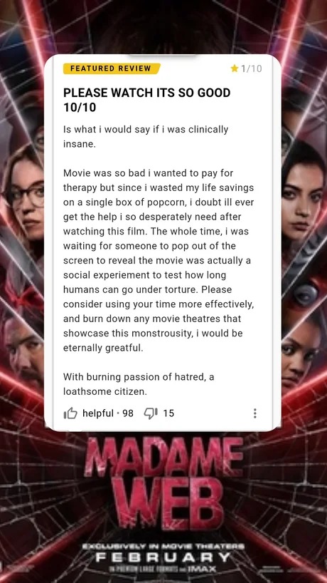 Madame Web review - meme