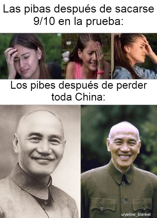 contexto: chiang kai-shek fue el que peleo junto a los nacionalistas (kuomintang) contra los comunistas, cuando perdio se retiro con todo su ejercito a la isla de taiwan y si se fijan la bandera de taiwan tiene el simbolo del kuomintang - meme