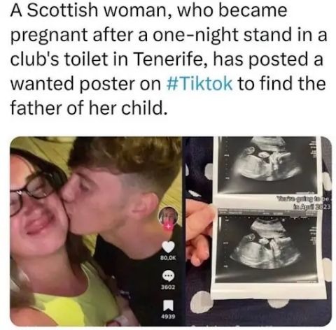 Traducción: quedó embarazada en el baño de un club y ahora busca al padre por tiktok, esto dice mucha de la sociedad - meme