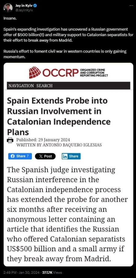 Russia helping the separatists in Spain - meme