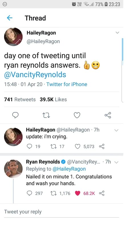 Girl used strategy to exchange tweet with Ryan Reynolds, but he short-circuits it by answering right away - meme