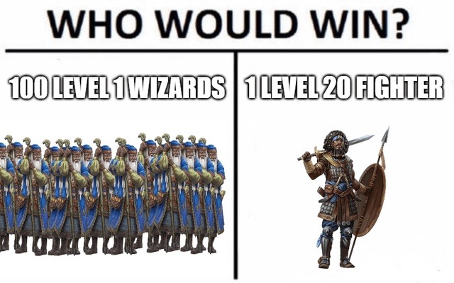 100-level wizards vs level 2 fighter... place your bets - meme