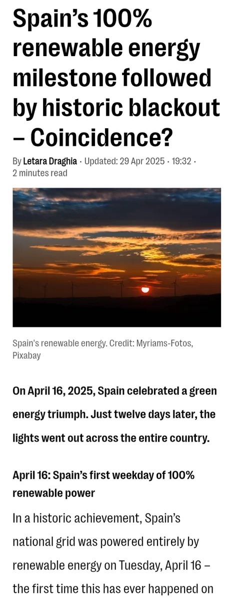 Spain goes 100% renewable, then blacks out days later - meme