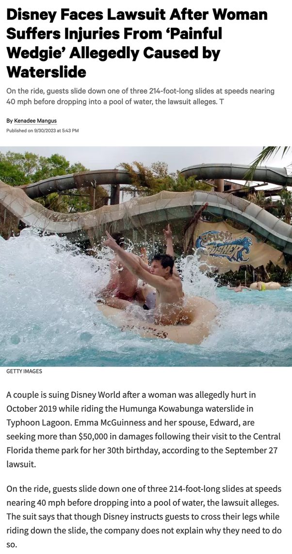 Woman alleges Disney waterslide caused dangerous 'wedgie' that