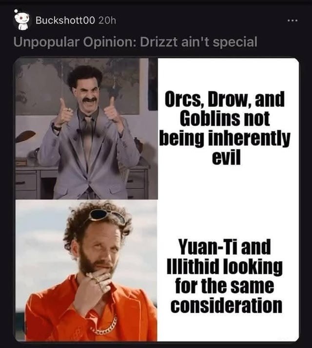 Maybe Drizzt isn’t that deep. We just like dual-wielding elves - meme