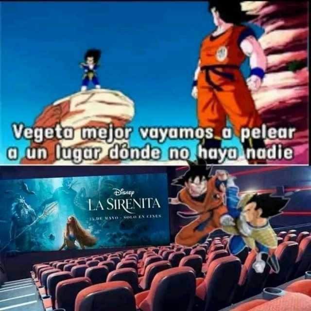 Vegeta y Goku luchando en las salas de la Sirenita - meme