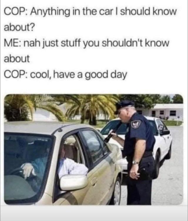 ﻿COP: Anything in the car | should know about? ME: nahjust stuff you shouldn’t know about COP: cool; have a day good