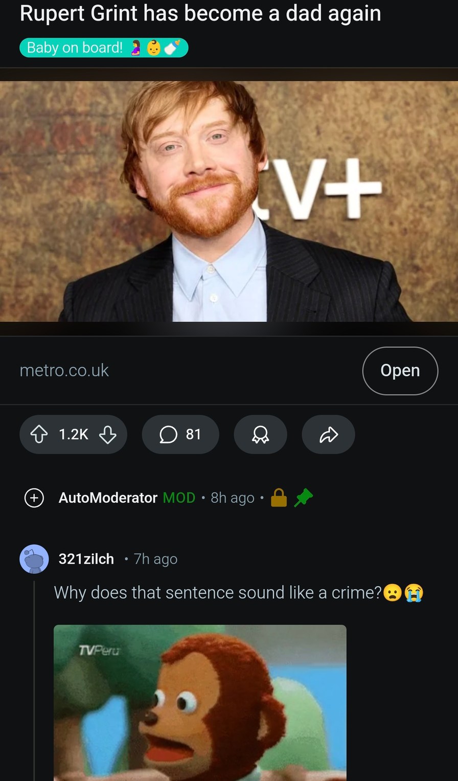 Rupert Grint's baby announcement sounds weirdly suspicious - meme