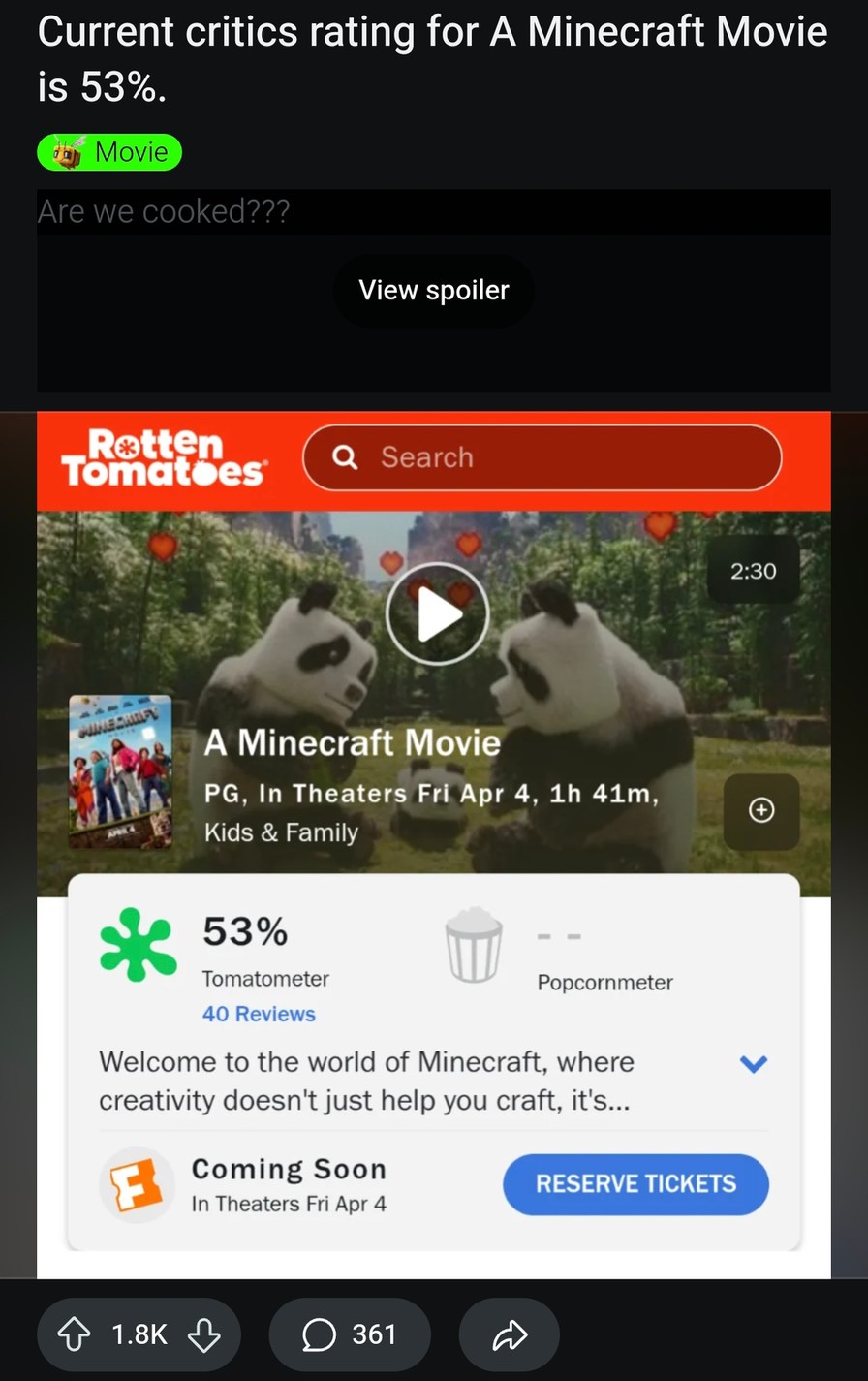 Minecraft movie sitting at 53%... yikes - meme