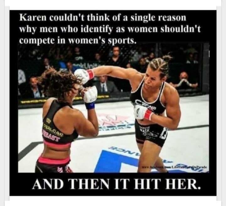 Karen couldn't think of a single reason why men who identify as women shouldn't compete in women's sports....and then... - meme