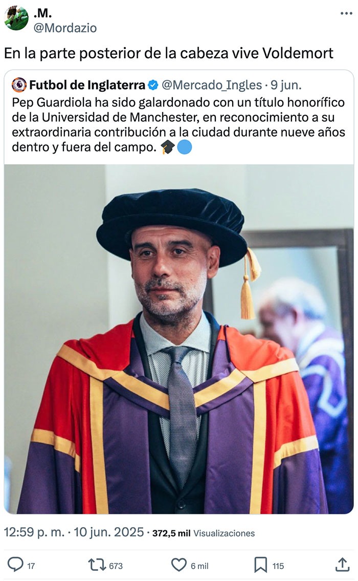 guardiola con título honorífico y voldemort viviendo en su cabeza - meme