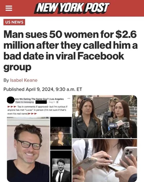 Man sues 50 women for $2.6 million after they called him a bad date in viral Facebook group - meme