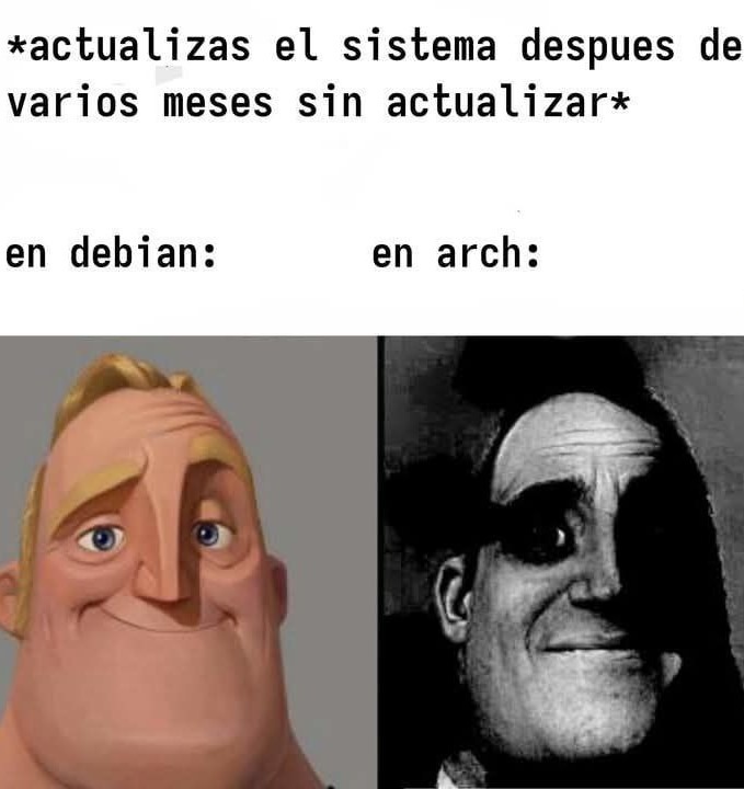 actualizacion de sistema en debian vs en arch - meme