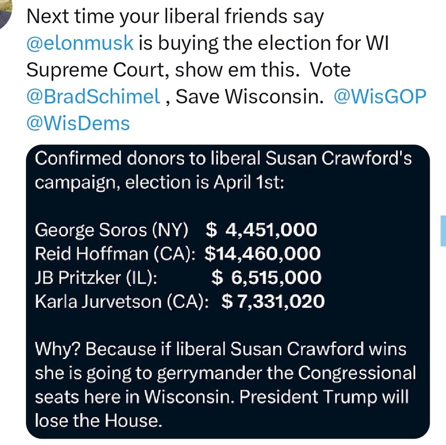 Liberal friends: Elon’s buying the election. Me: Just look at Wisconsin - meme
