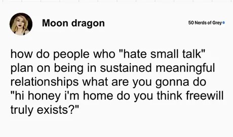 No small talk? Good luck discussing free will over dinner - meme