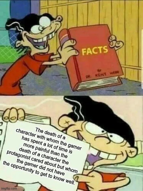 Gamer math: character death = emotional damage - meme