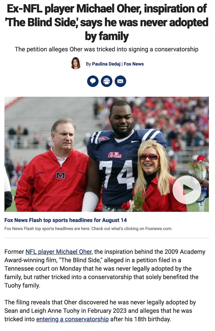 Michael Oher, who was the subject of the movie "The Blind Side," has filed a petition in court alleging that he was never adopted by the Tuohy family, who took him in as a teenager. - meme