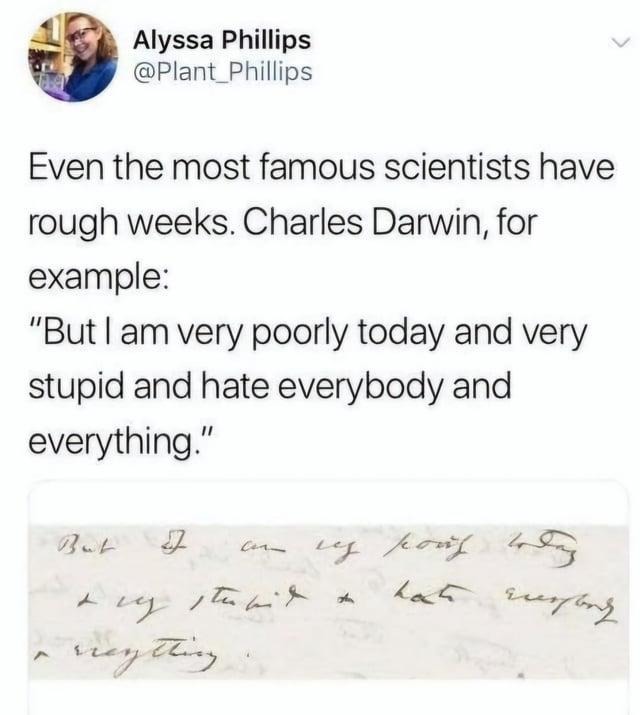 Even Darwin had mental breakdowns. You’re doing fine. - meme