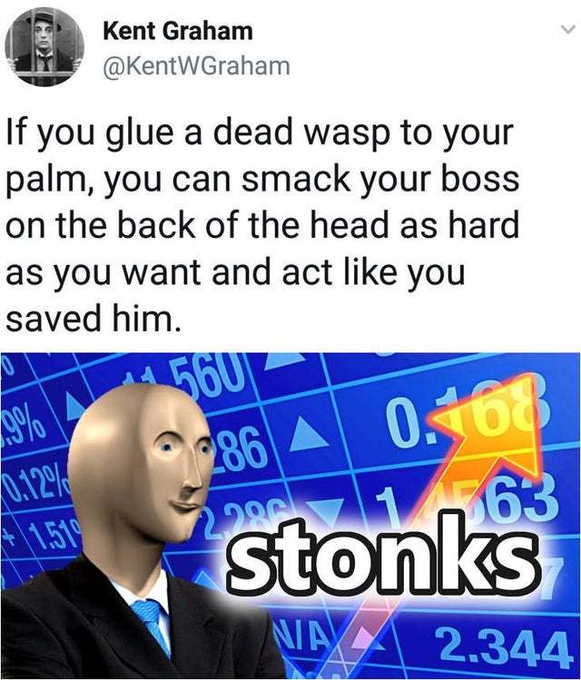 Glue a dead wasp to your palm then smack your boss on the back of the head - meme