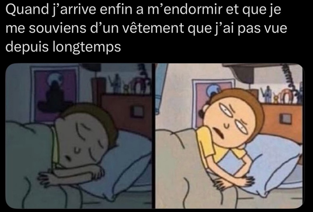 Quand tu t'endors enfin et ton cerveau crie 'et le pull vert là ?' - meme