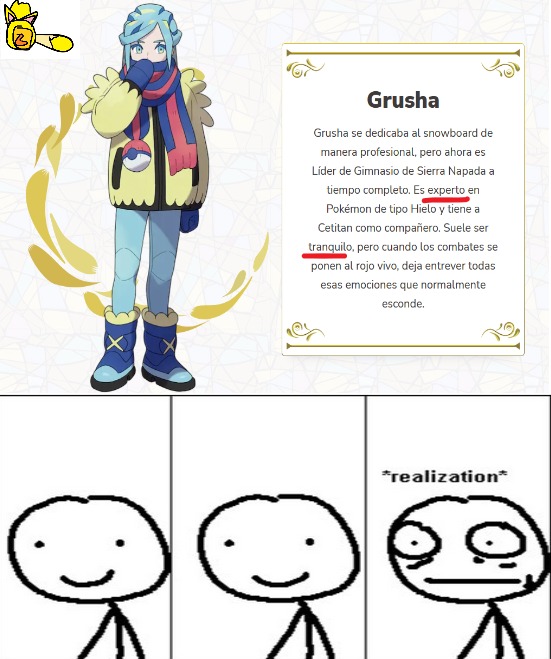 El fandom anglosajón descubrío que Grusha era en realidad un hombre con el pelo largo y cejas gruesas  (no se como se veria si se quita la bufanda) - meme