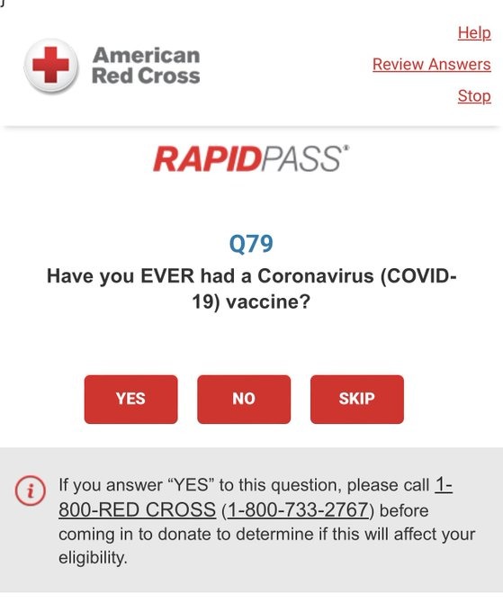 Red Cross is now asking blood donors if they ever received the Covid vaccine. If you answer Yes, they want you to call ahead to see if you’re still eligible - meme