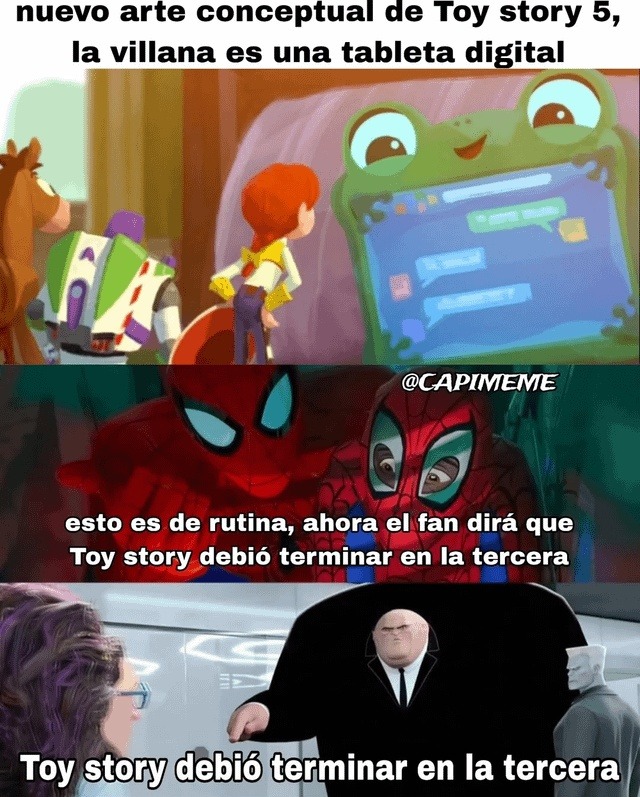 toy story 5 con villana tableta y fans llorando por la tercera - meme