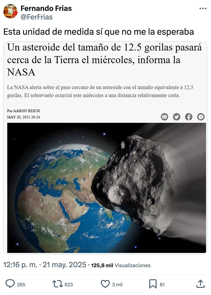 La NASA midiendo asteroides en gorilas y yo ya perdí la fe en la ciencia - meme