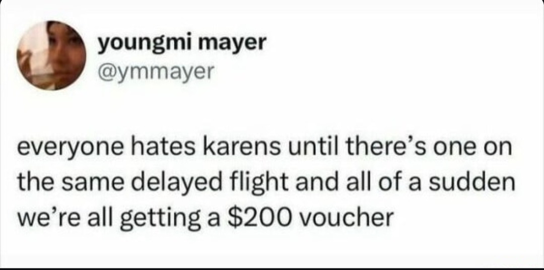 Suddenly everyone's Team Karen when flights get delayed - meme