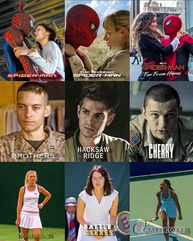 Cada Spider-Man (Tobey, Andrew y Tom) han protagonizado una película interpretando a un soldado, y por otro lado, sus respectivas parejas (Kirsten, Emma y Zendaya) han protagonizado una película inte - meme