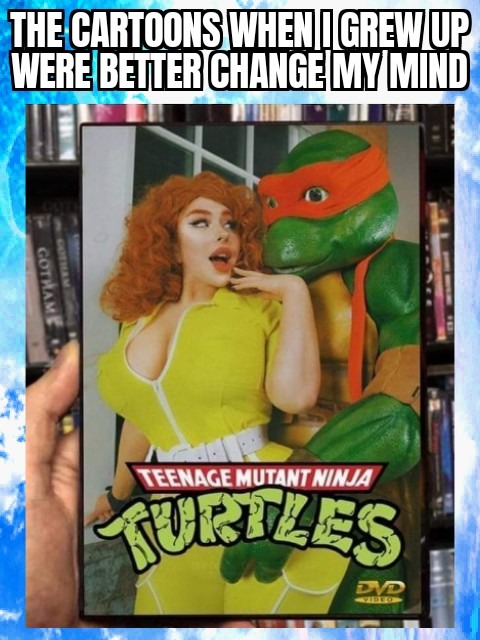 Teenage turtles stare at boobies - meme