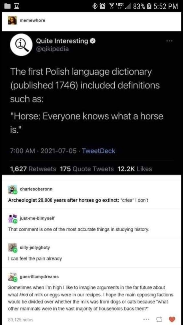 Horse: everyone knows what a horse is – Polish dictionary, 1746 - meme