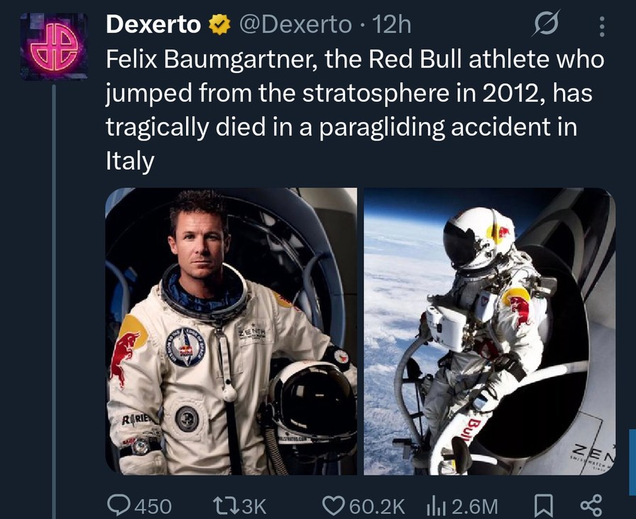 Red Bull legend Felix Baumgartner has died in paragliding crash - meme
