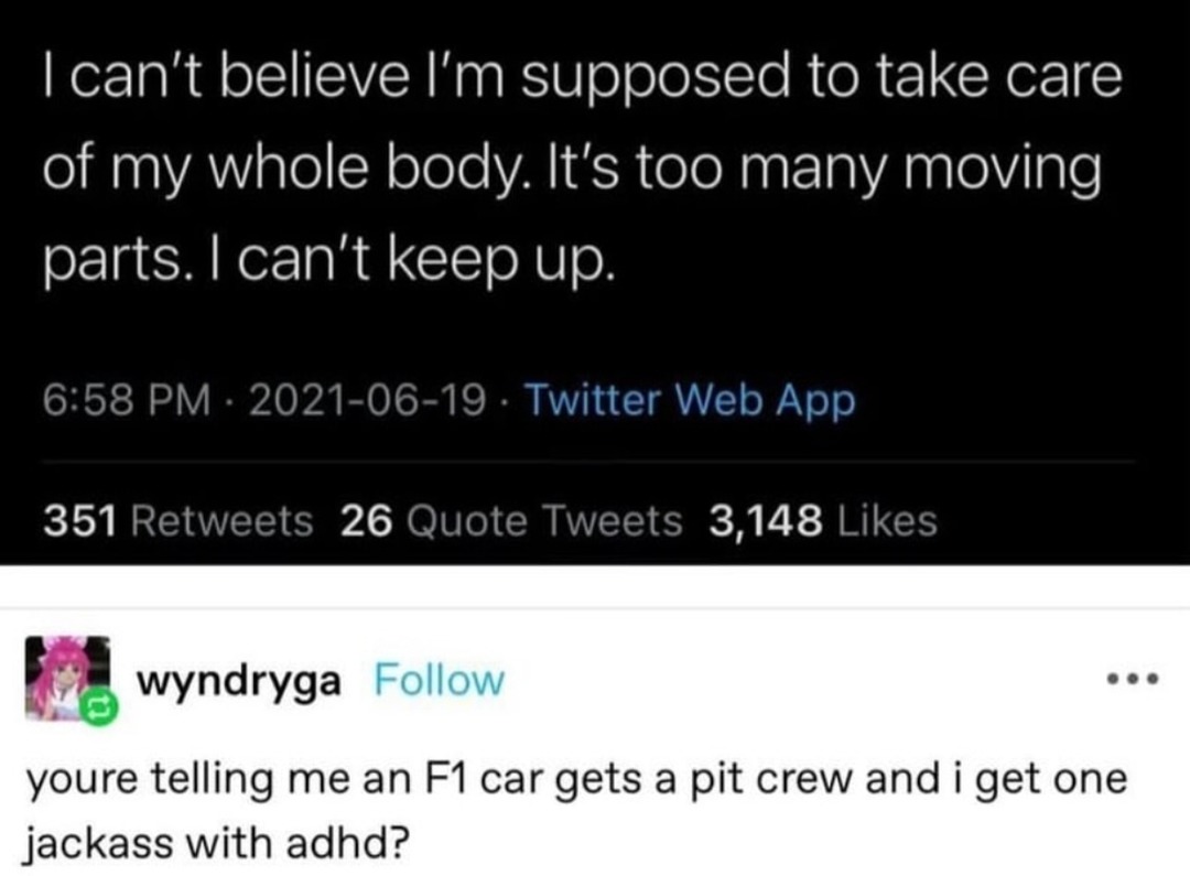 My body needs a pit crew and I got one dude with WiFi issues - meme