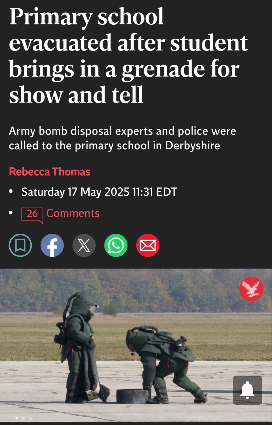 Kid brings grenade for show-and-tell, school calls the army - meme