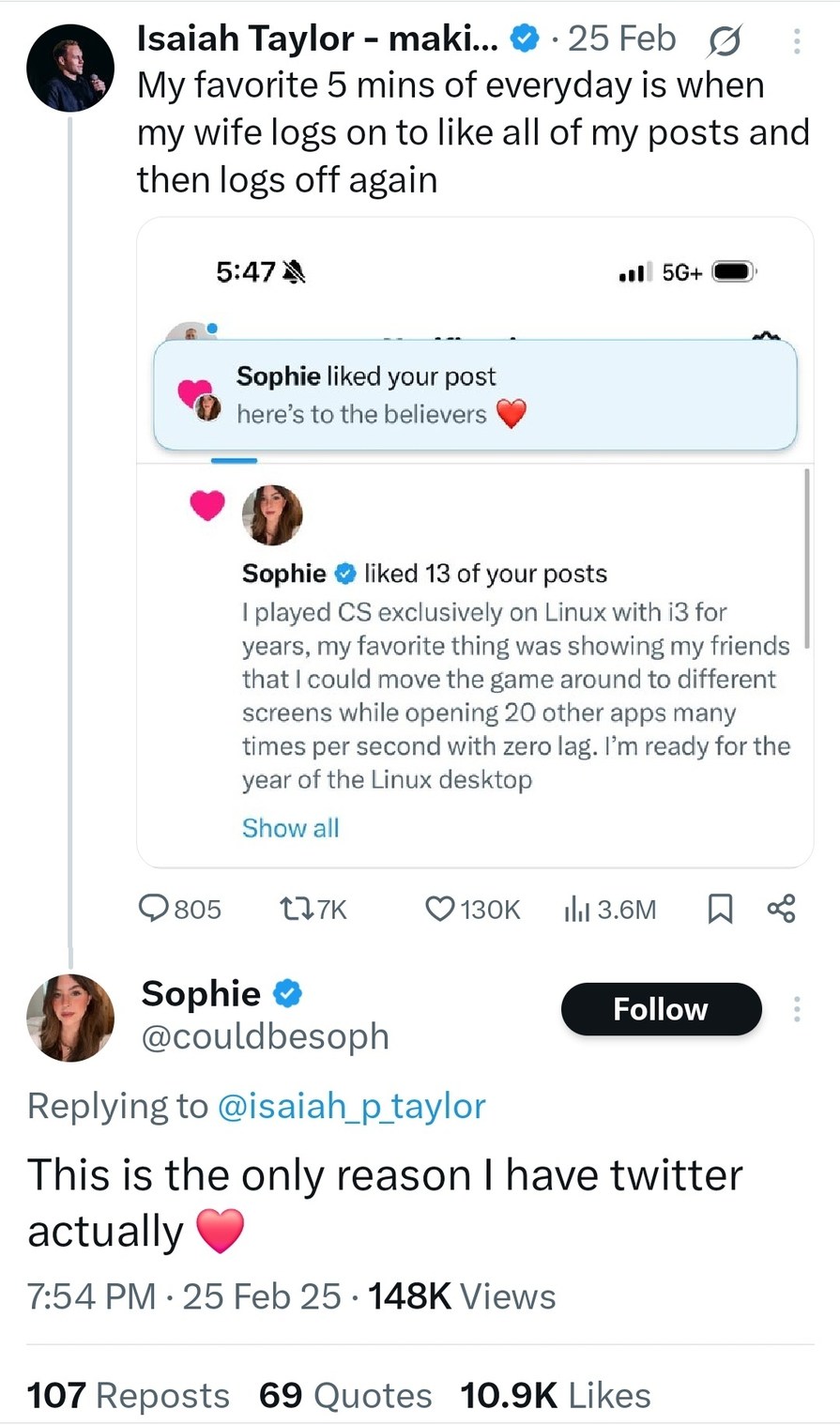 She logs in, likes all my posts, and logs off. True love. - meme