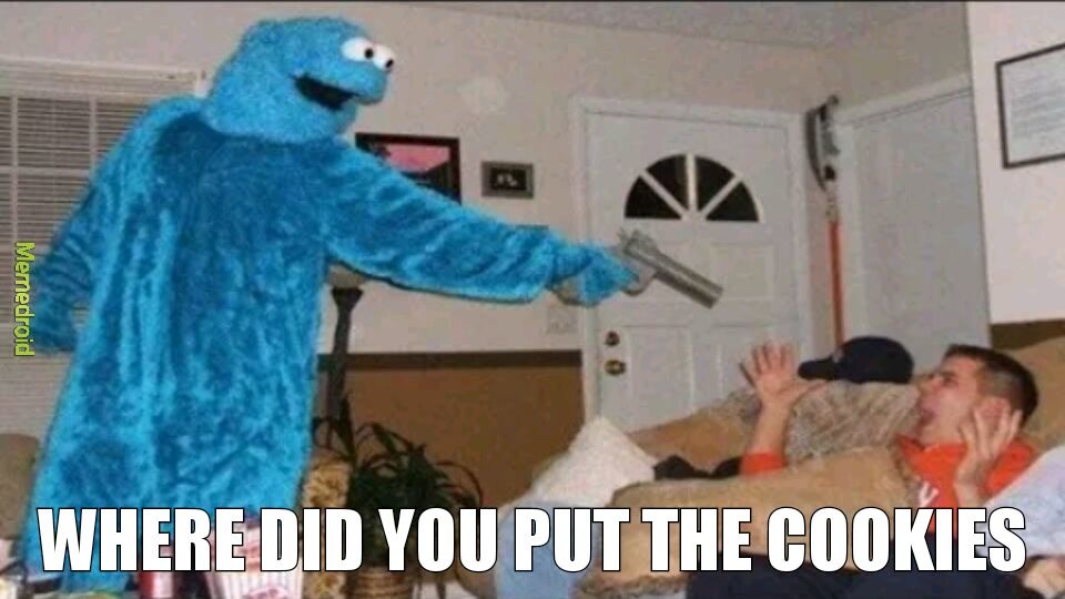 Man threatened by cookie monster at gunpoint - meme